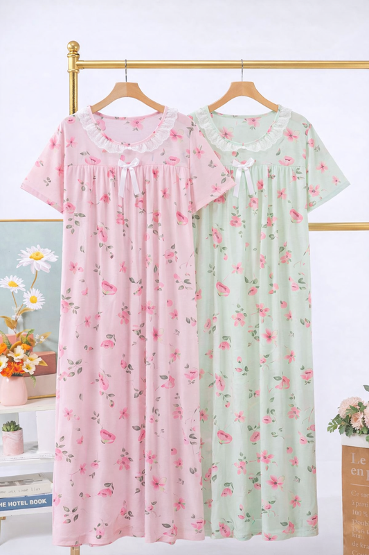 Korean Floral Cotton Nighty for Women Wholesale | Soft Summer Sleepwear Dress Supplier India | Ladies Nightwear Bulk
