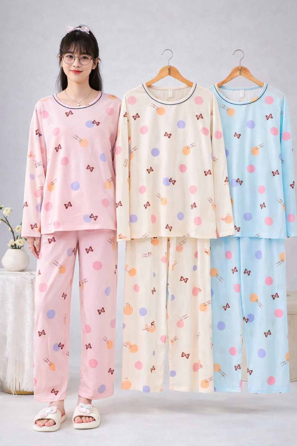 Korean Polka Dot Night Suit for Women Wholesale | Cute Full Sleeve Cotton Sleepwear Supplier India | Ladies Nightwear Bulk