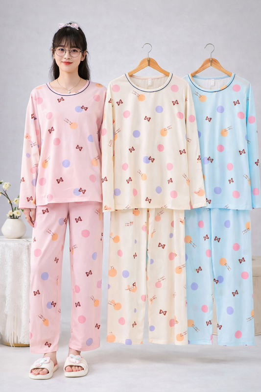 Korean Polka Dot Night Suit for Women Wholesale | Cute Full Sleeve Cotton Sleepwear Supplier India | Ladies Nightwear Bulk