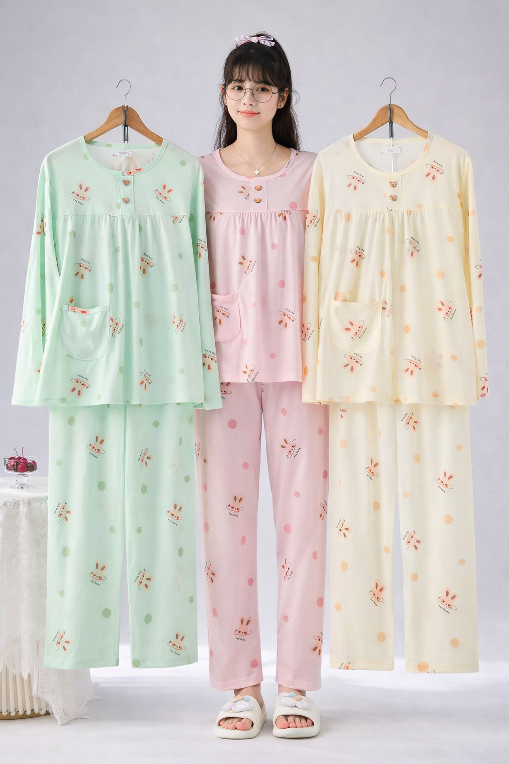 Korean Rabbit Print Night Suit for Women Wholesale | Cute Cotton Full Sleeve Sleepwear Set | Ladies Nightwear Supplier India