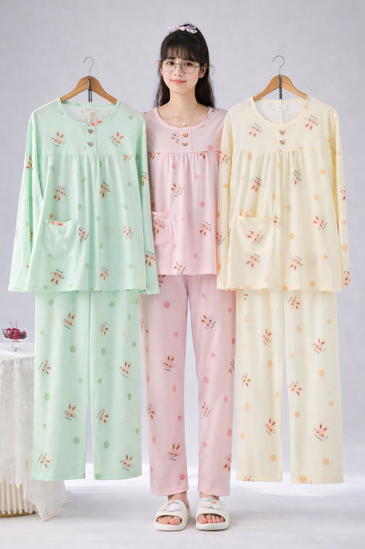 Korean Rabbit Print Night Suit for Women Wholesale | Cute Cotton Full Sleeve Sleepwear Set | Ladies Nightwear Supplier India
