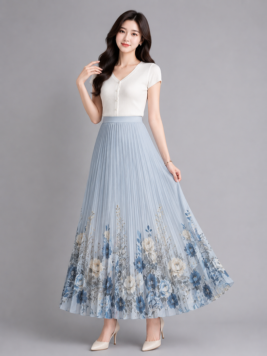 Pink Floral Hem Pleated Chiffon Maxi Skirt - Beige Korean Wholesale Supplier