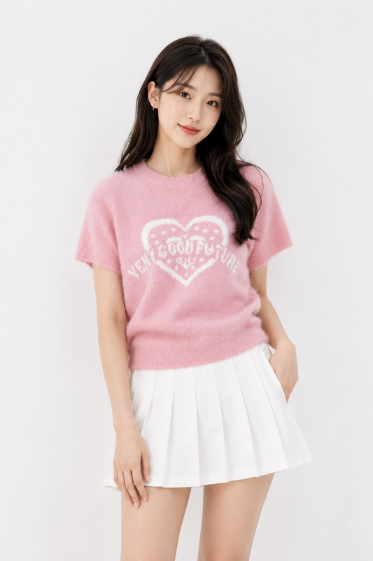 Pink Heart Short Sleeve Knit Sweater - Korean Wholesale Supplier India