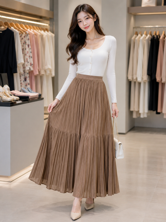 Pleated Tiered Maxi Skirt - Korean Imported Clothing in India