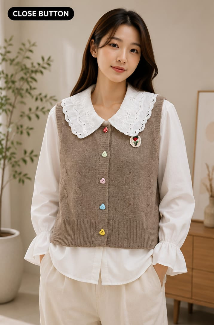 A side-by-side comparison showing a woman modeling a taupe knit vest over a white blouse. The left panel is labeled 'CLOSE BUTTON' and shows the vest buttons closed.