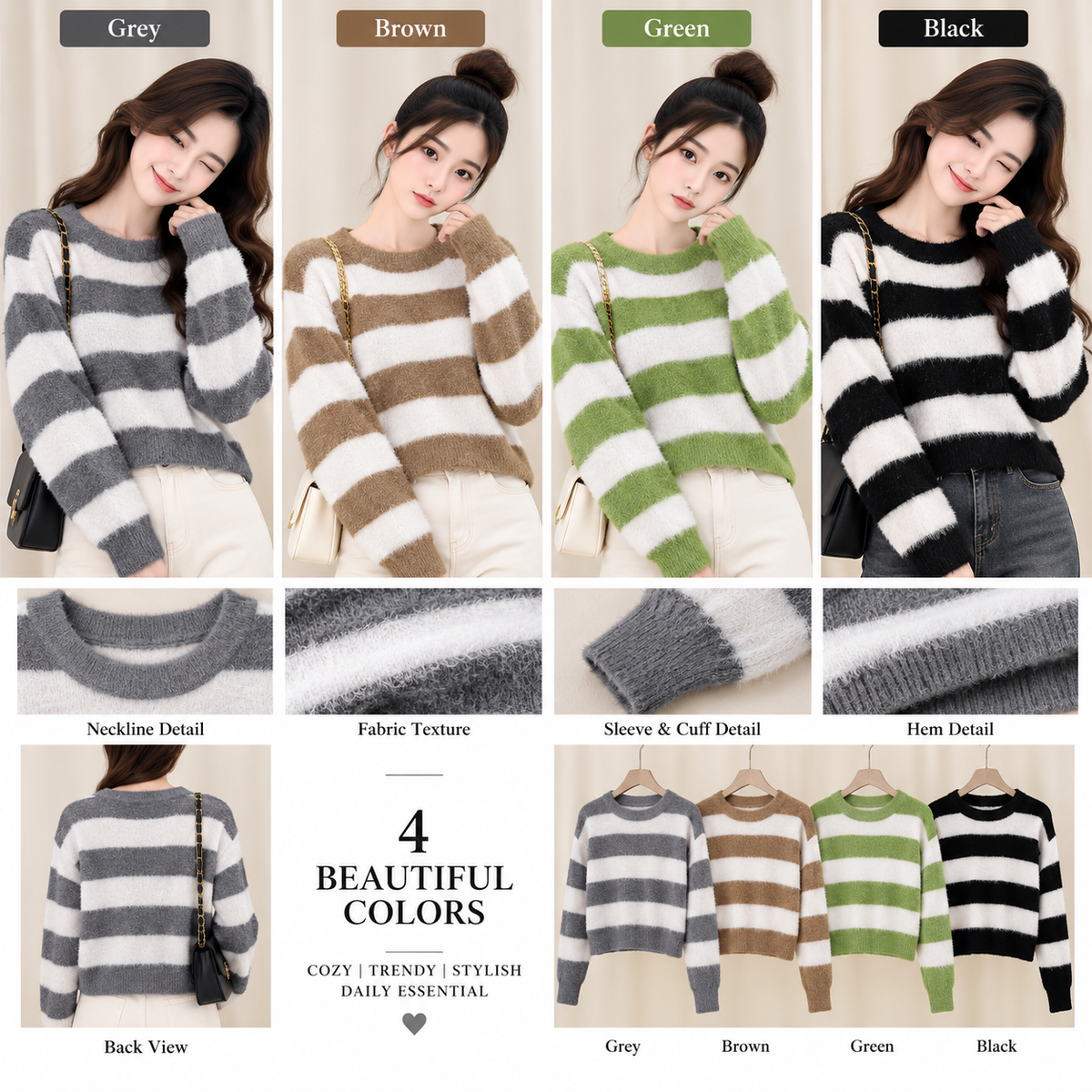 Premium Fuzzy Striped Sweater - High-Quality Imported Winterwear