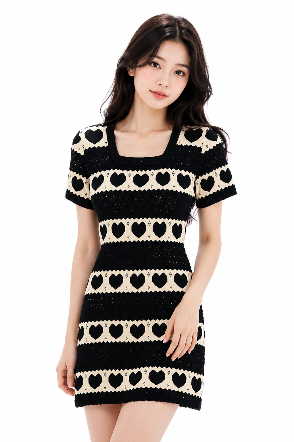 A woman modeling a short-sleeve knit mini dress with horizontal black and cream stripes featuring heart motifs, set against a plain white background.