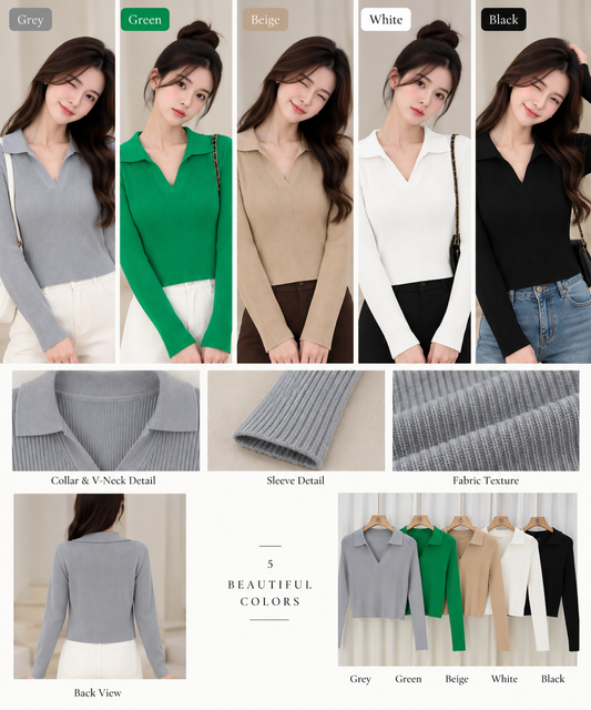 Premium Ribbed Collared Knit Top - High-Quality Imported Winterwear