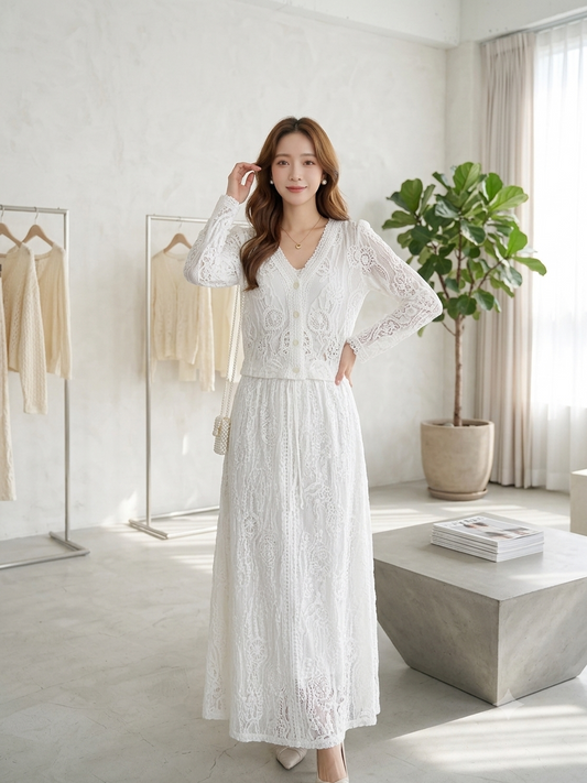 Premium White Lace Maxi Skirt Co-ord Set - High-Quality Imported Clothing Supplier