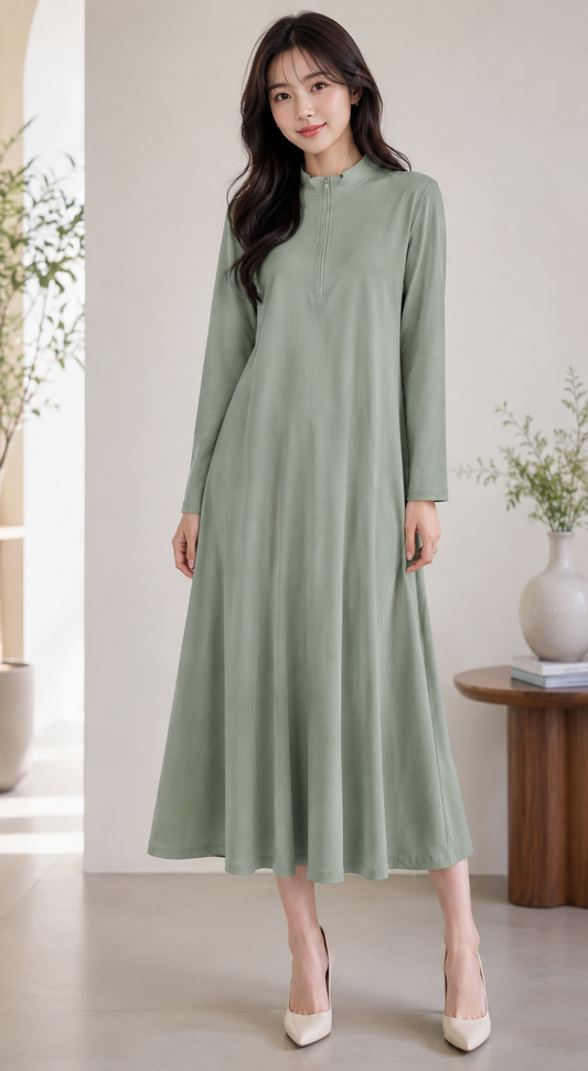 Premium Zip Neck A-Line Maxi Dress - Imported Western Wear Wholesale