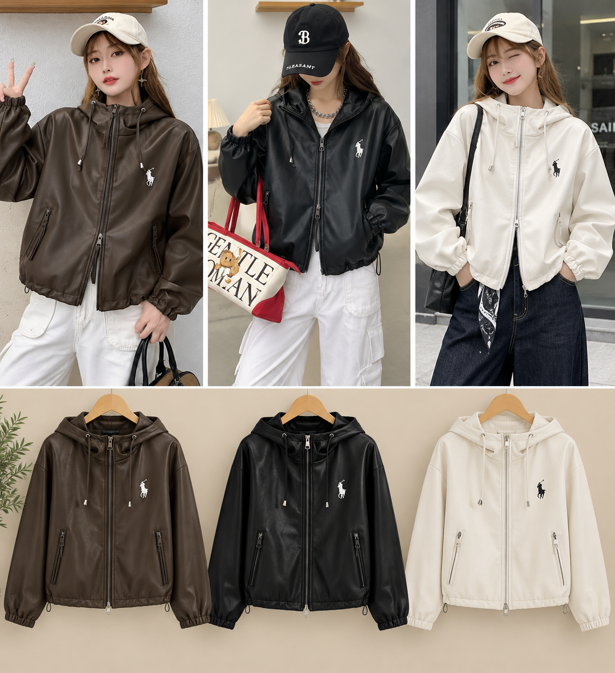 Hooded Faux Leather Zip Jacket wholesale Korean women's jacket