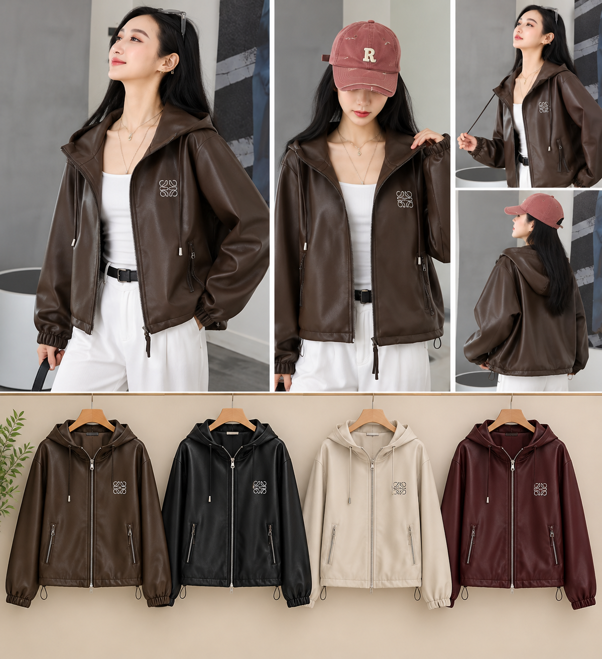 Hooded Faux Leather Zip Jacket wholesale Korean women's jacket