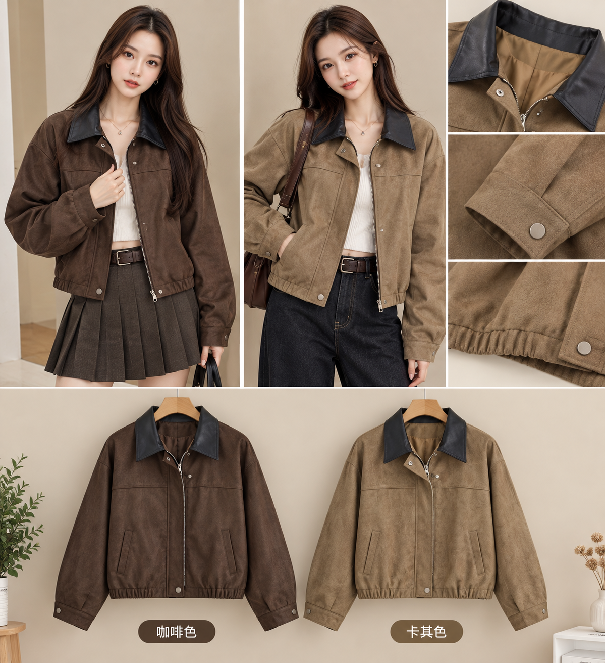 Contrast Collar Suede Look Bomber Jacket wholesale Korean women's jacket
