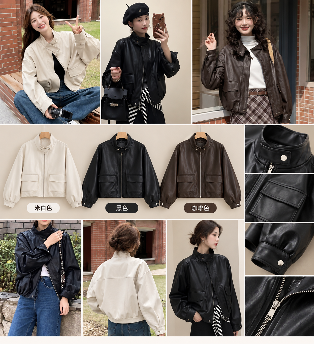 Stand Collar Faux Leather Bomber Jacket wholesale Korean women's jacket