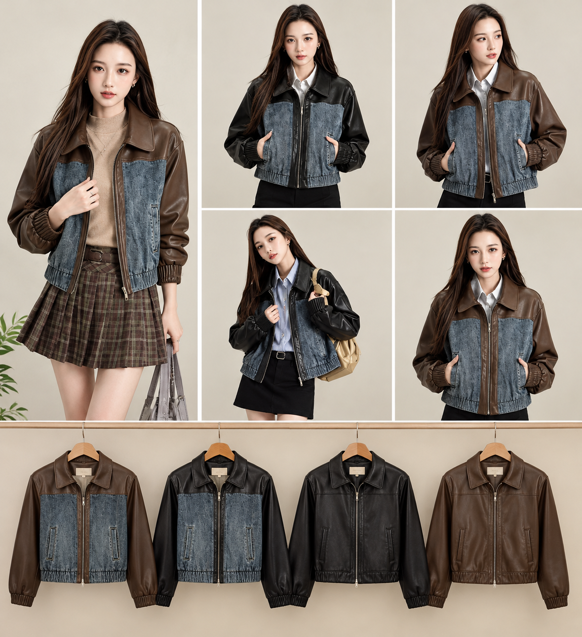 Denim Panel Faux Leather Bomber Jacket wholesale Korean women's jacket
