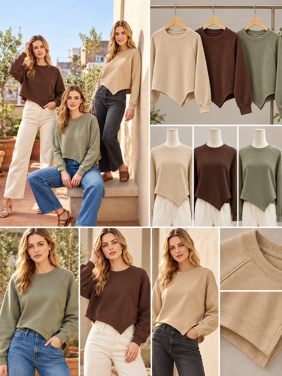 Asymmetric Hem Sweatshirt in beige brown sage, wholesale fashion product views