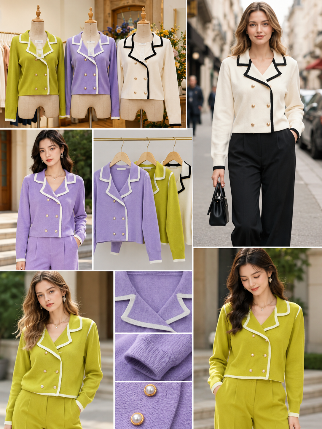 Double Breasted Contrast Trim Cardigan in lime lavender cream, wholesale fashion product views