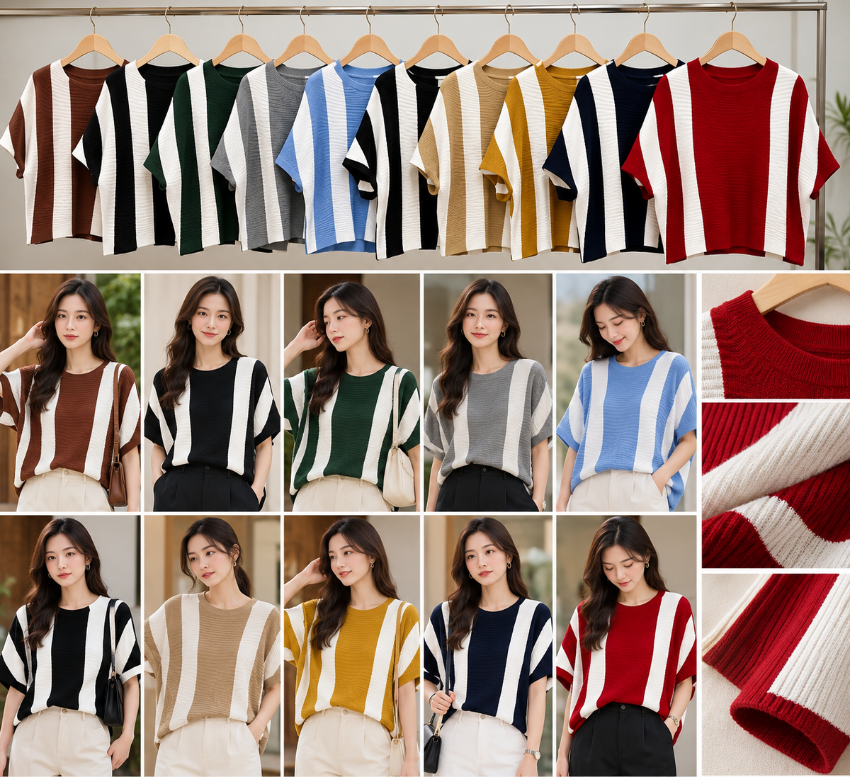 Contrast Stripe Short Sleeve Top in brown black green grey blue beige yellow navy red, wholesale fashion product views