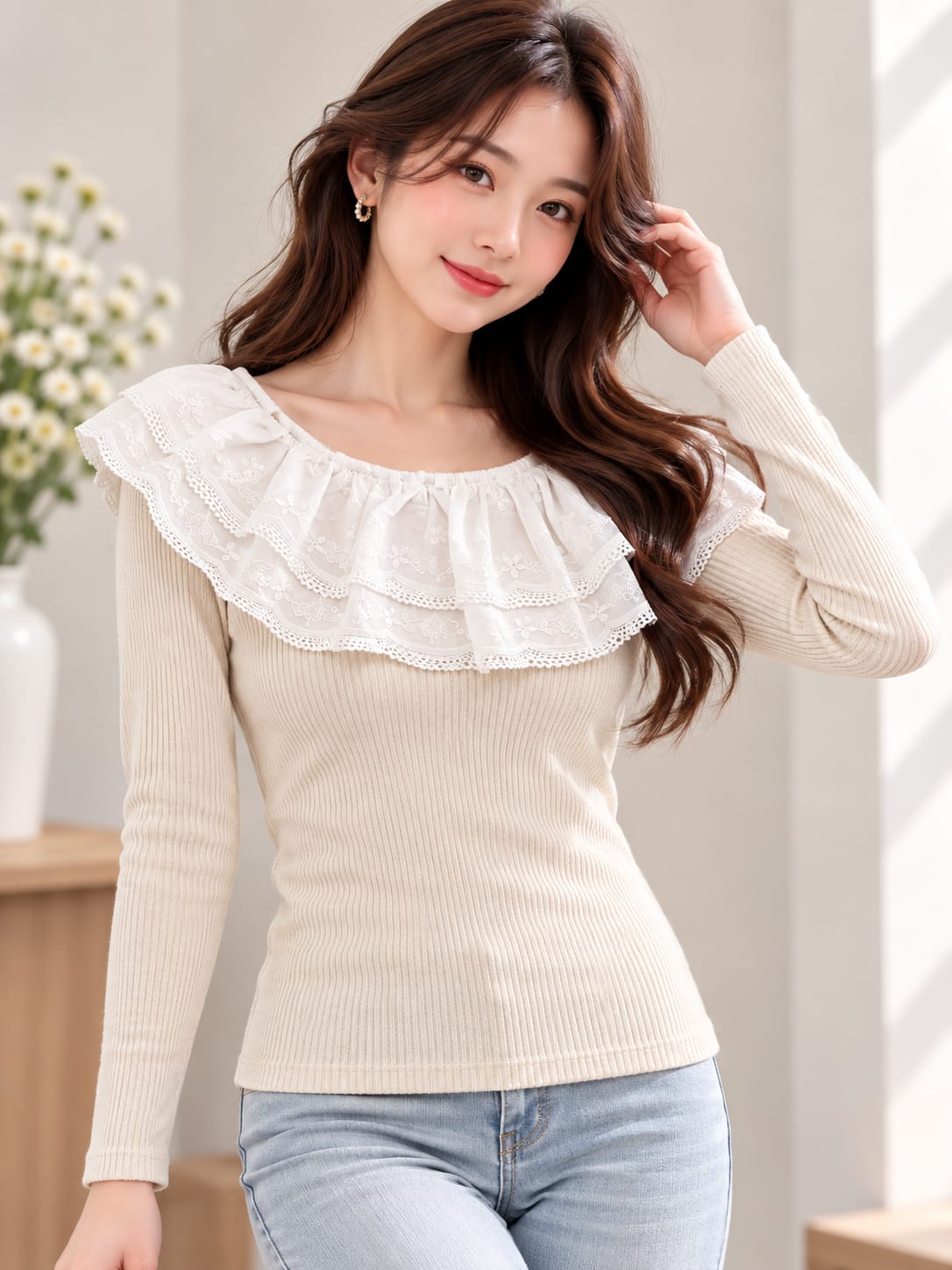 Ivory long sleeve ribbed top with double layered lace ruffle neckline front model view wholesale Zadine Fashion