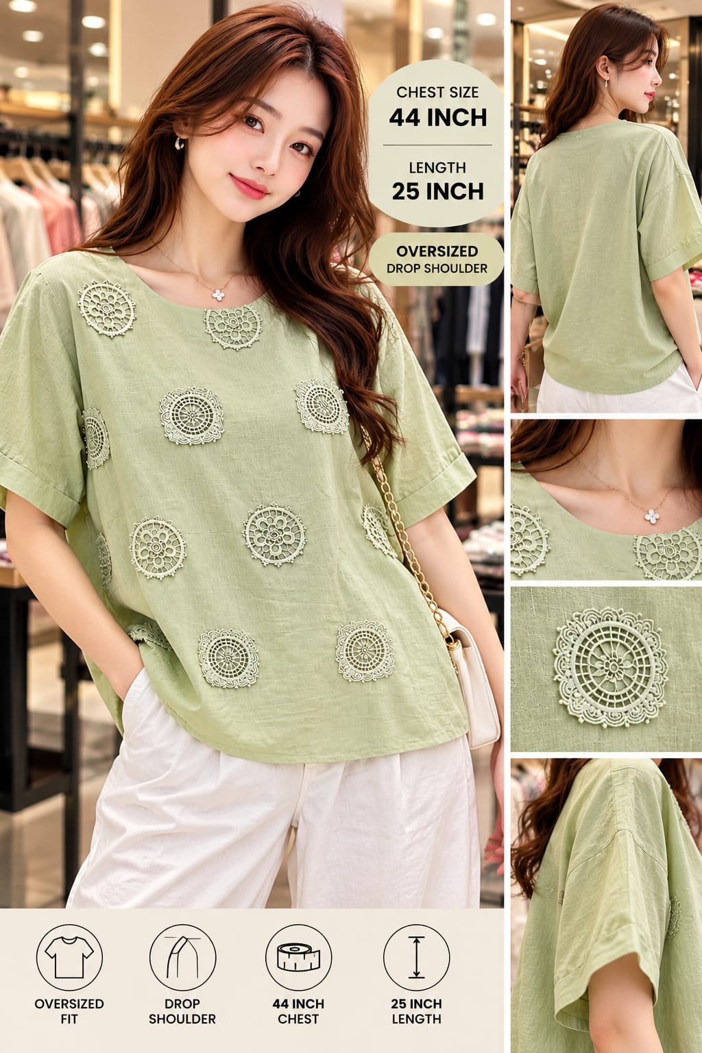 Sage green oversized short sleeve top with round crochet motif appliques, 44 inch chest and 25 inch length front model view 
