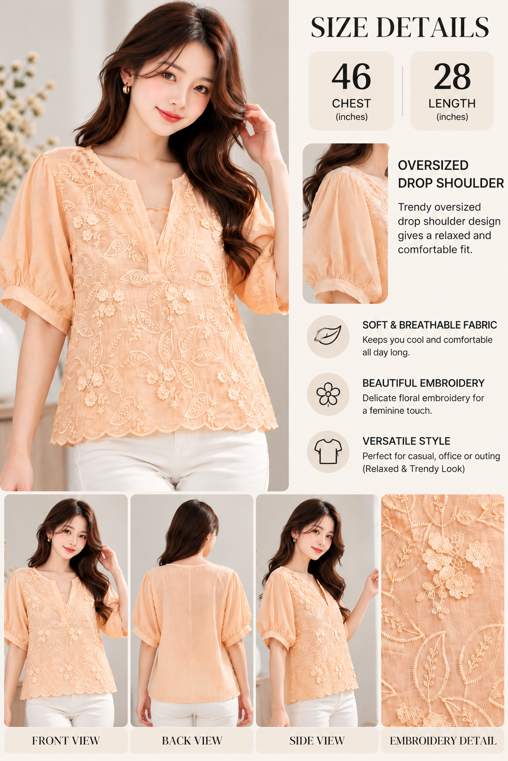 Peach Floral Embroidered Top in peach, wholesale fashion product views