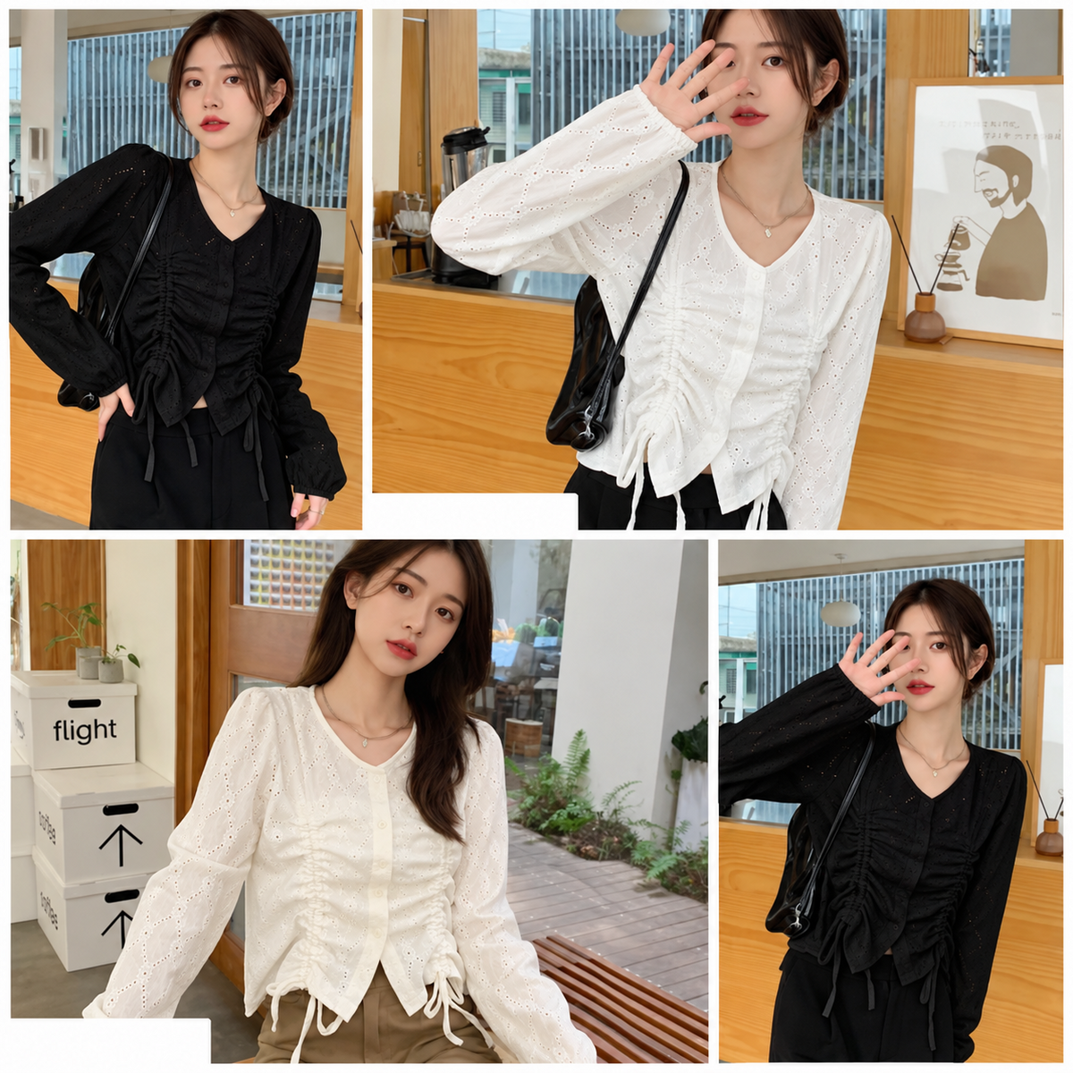 Black White Eyelet Ruched Drawstring Blouse Korean wholesale front and colour views