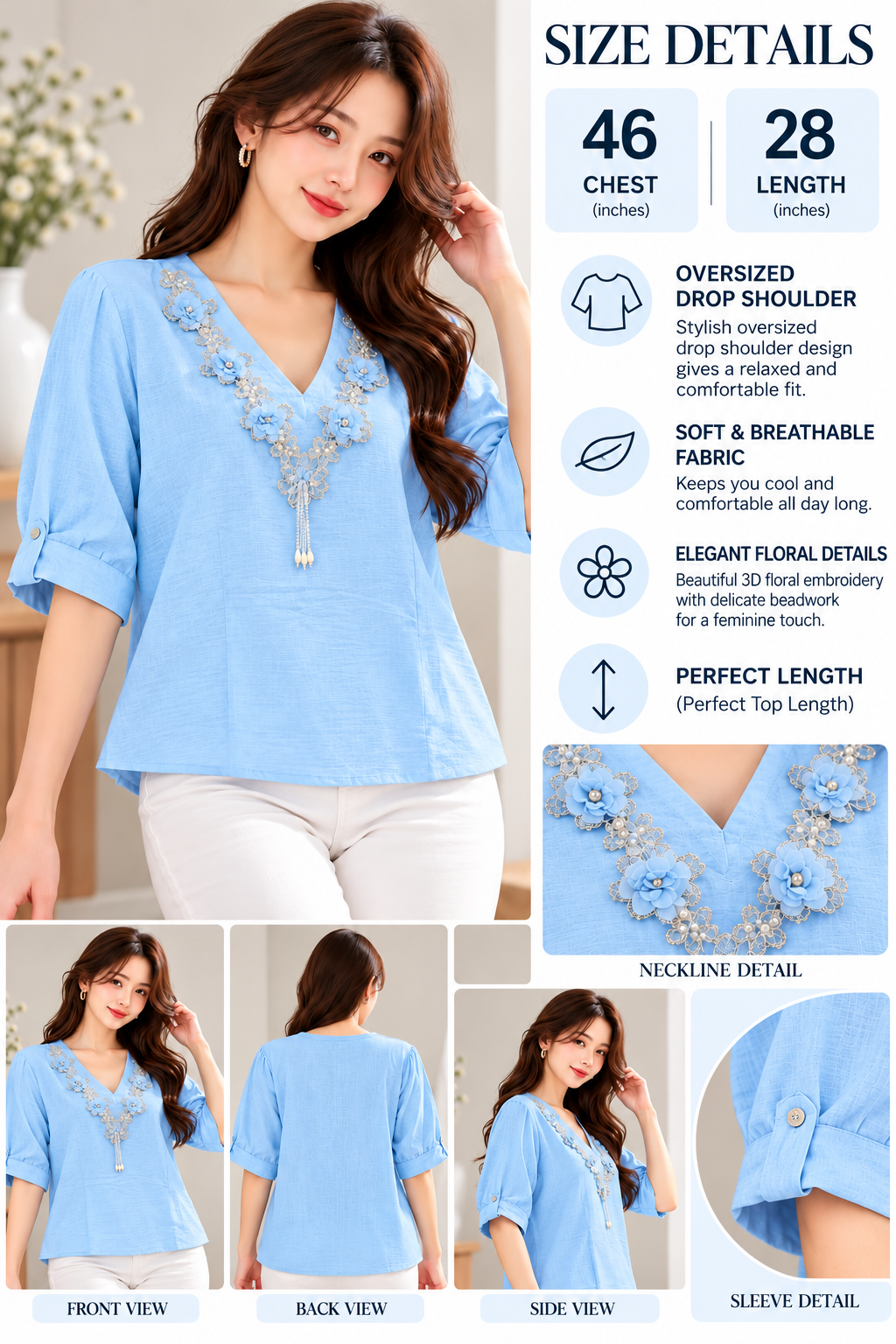 Blue Floral V-Neck Oversized Top in sky blue, wholesale fashion product views