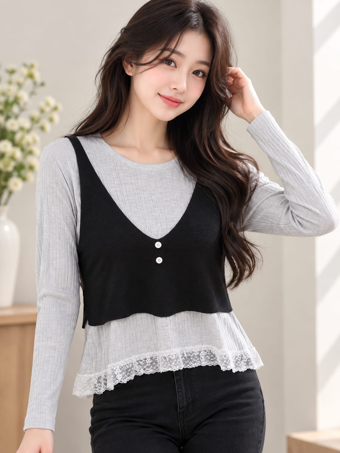 Grey ribbed long sleeve top with black vest look overlay and white lace hem front model view wholesale Zadine Fashion