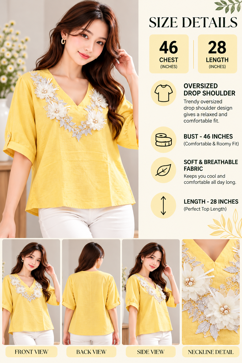 Yellow oversized V neck top with white 3D floral neckline appliques, 46 inch chest and 28 inch length front model view whole