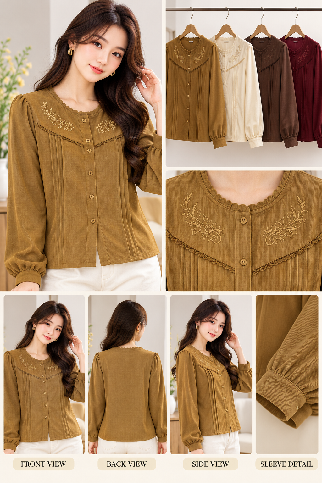 Mustard Cream Brown Embroidered Collar Blouse, mustard, cream, brown, burgundy, front view, Korean blouse wholesale India