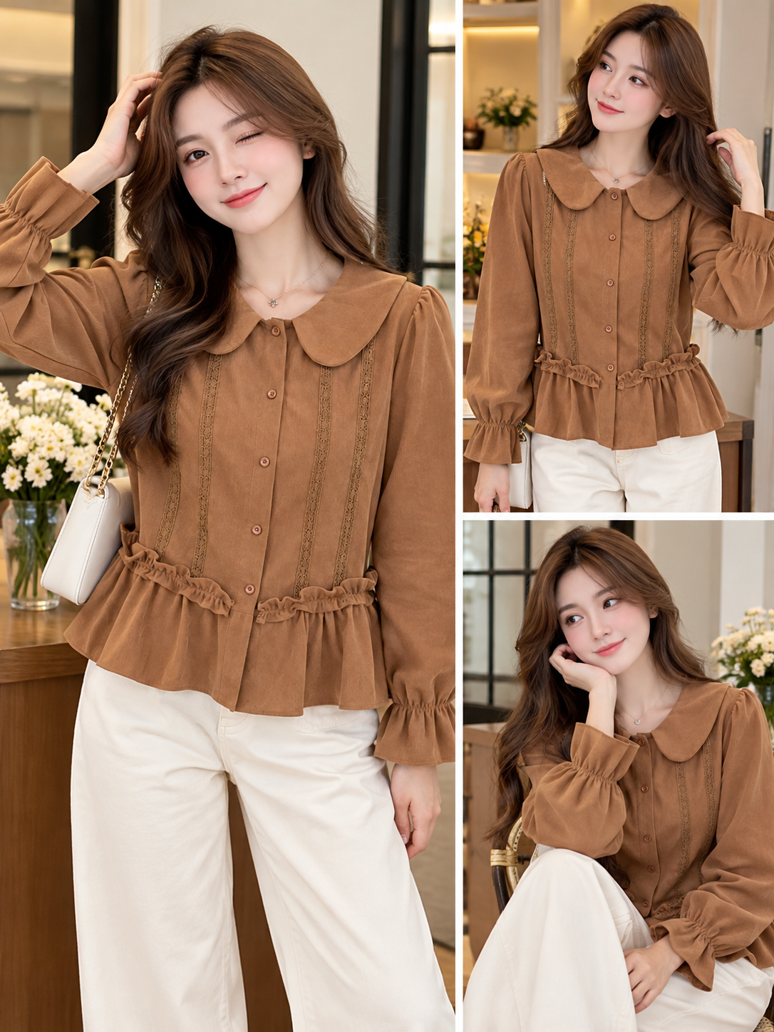 Camel Peter Pan Collar Ruffle Peplum Blouse, camel brown, front view, Korean blouse wholesale India