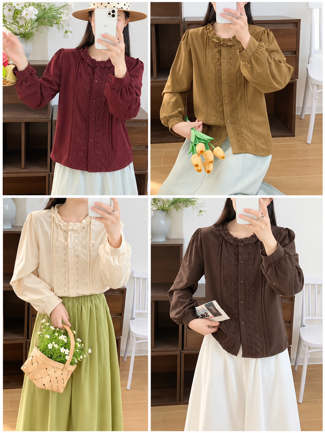 Burgundy Mustard Cream Ruffle Neck Lace Blouse, burgundy, mustard, cream, brown, front view, Korean blouse wholesale India