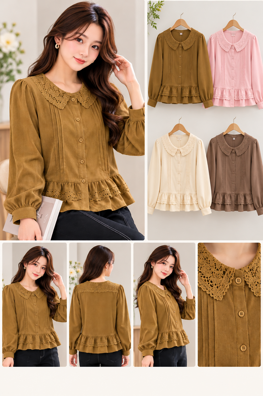 Blue Pink Cream Embroidered Button Blouse, blue, pink, cream, black, front view, Korean blouse wholesale India