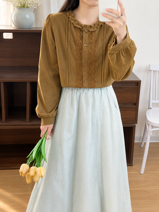 Cream Taupe Lace Collar Long Sleeve Blouse, cream, tan, taupe, front view, Korean blouse wholesale India