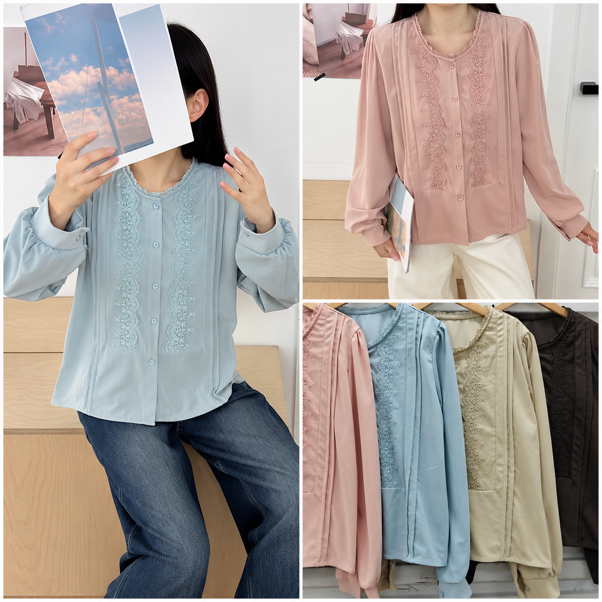 Camel Pink Cream Bow Peter Pan Collar Blouse, camel, pink, cream, sage, front view, Korean blouse wholesale India