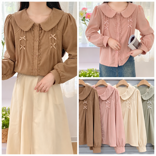 Mustard Brown Ruffle Neck Lace Button Blouse, mustard brown, front view, Korean blouse wholesale India