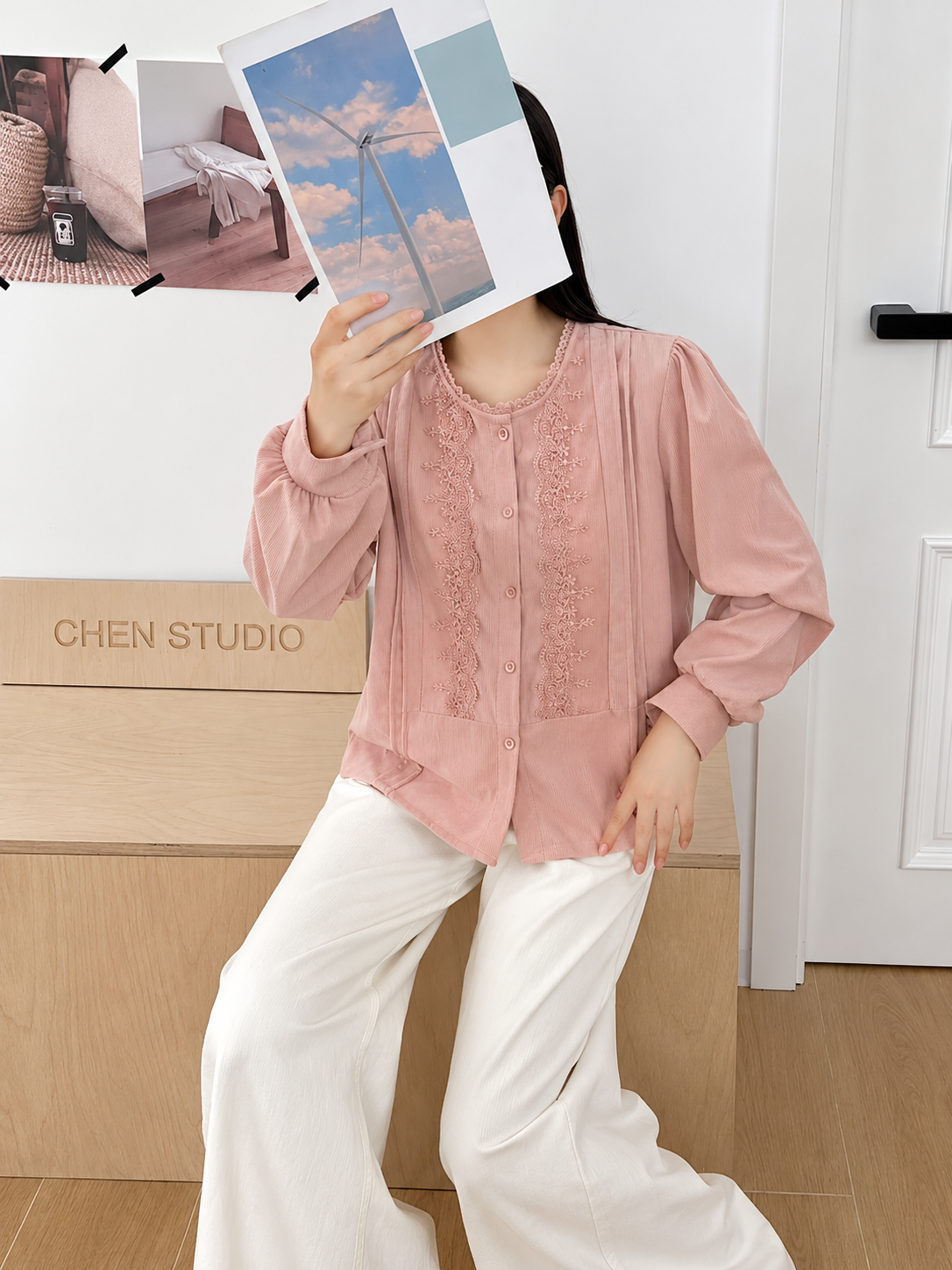 Dusty Pink Lace Embroidered Button Blouse, dusty pink, front view, Korean blouse wholesale India