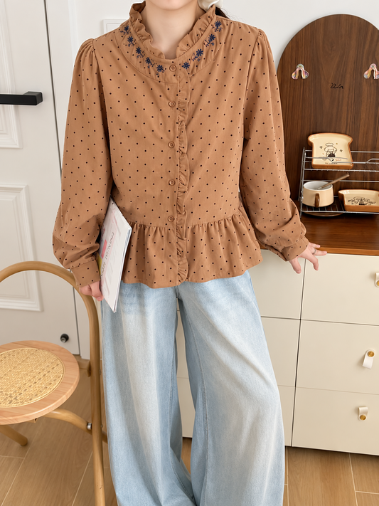 Camel Polka Dot Embroidered Peplum Blouse, camel brown, front view, Korean blouse wholesale India