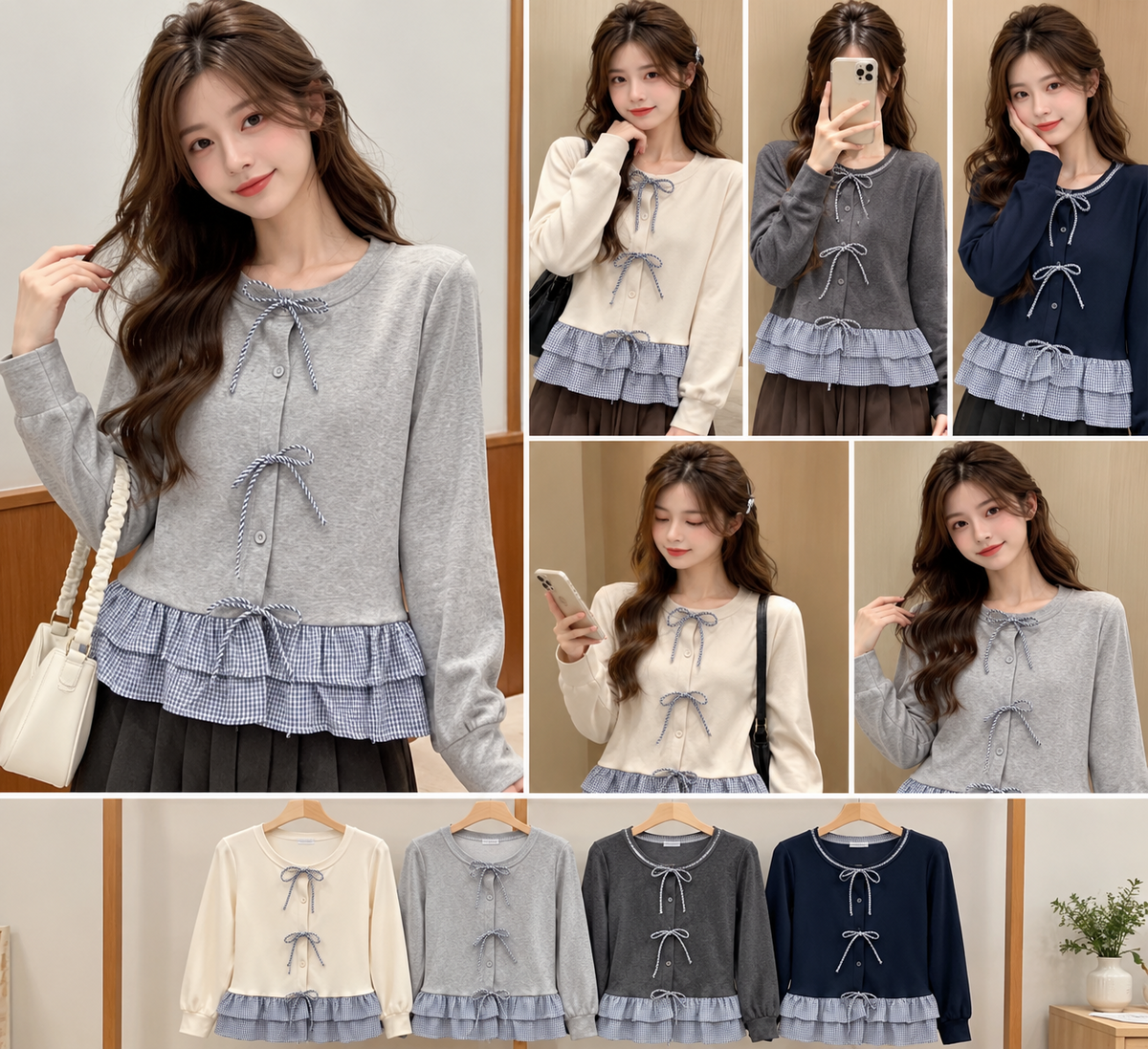 Black White Grey Checked Collar Peplum Blouse Korean wholesale front and colour views