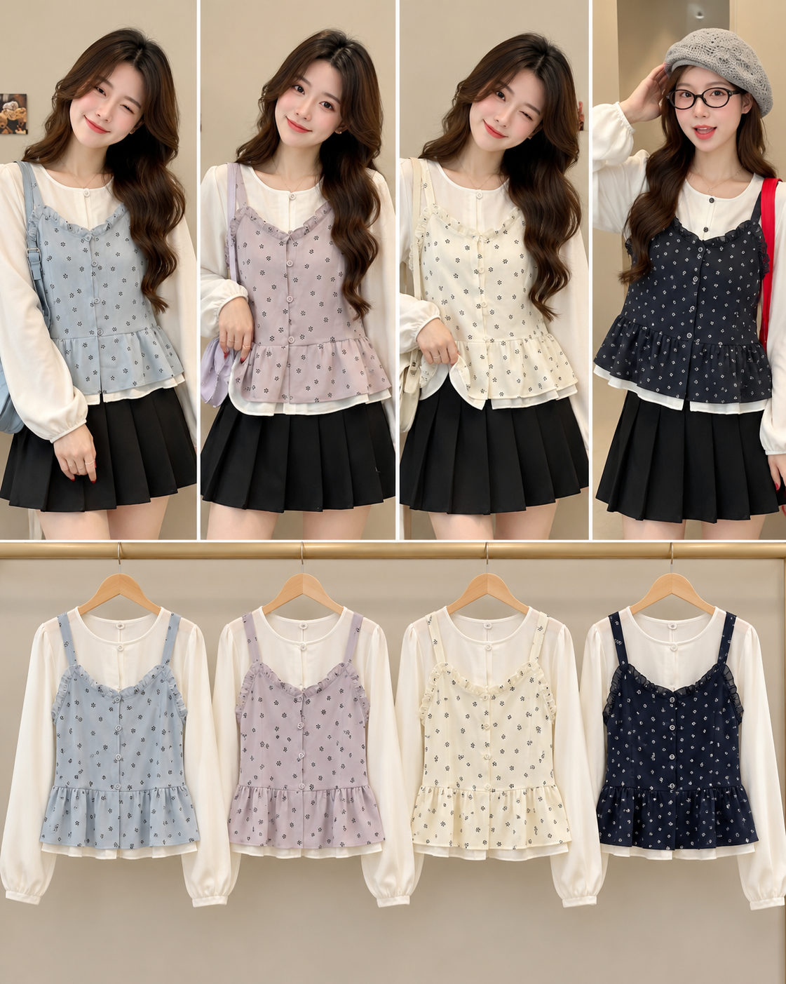 Blue Lavender Cream Navy Floral Peplum Layered Blouse Korean wholesale front and colour views