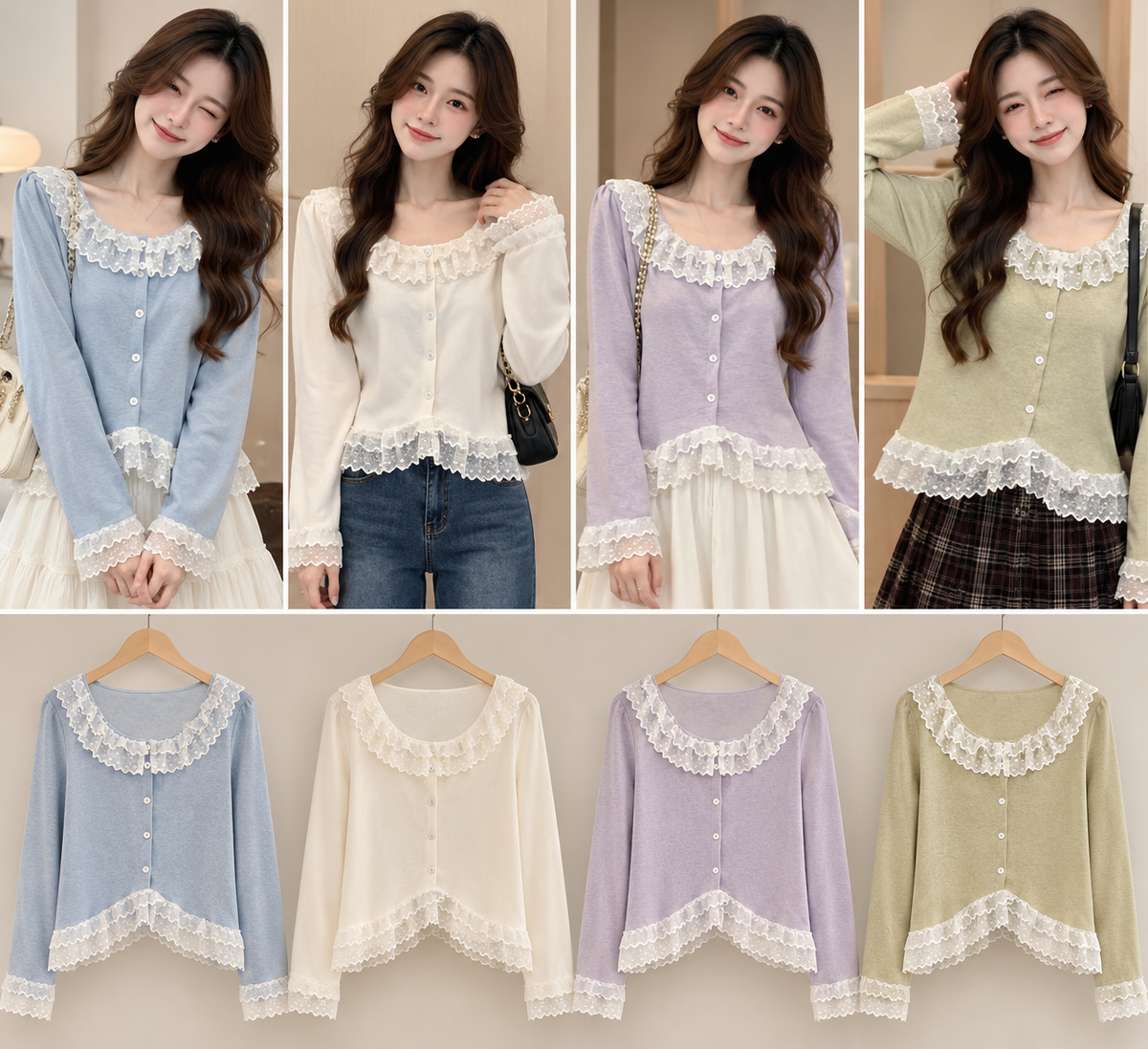 Blue Cream Lavender Sage Lace Ruffle Hem Blouse Korean wholesale front and colour views