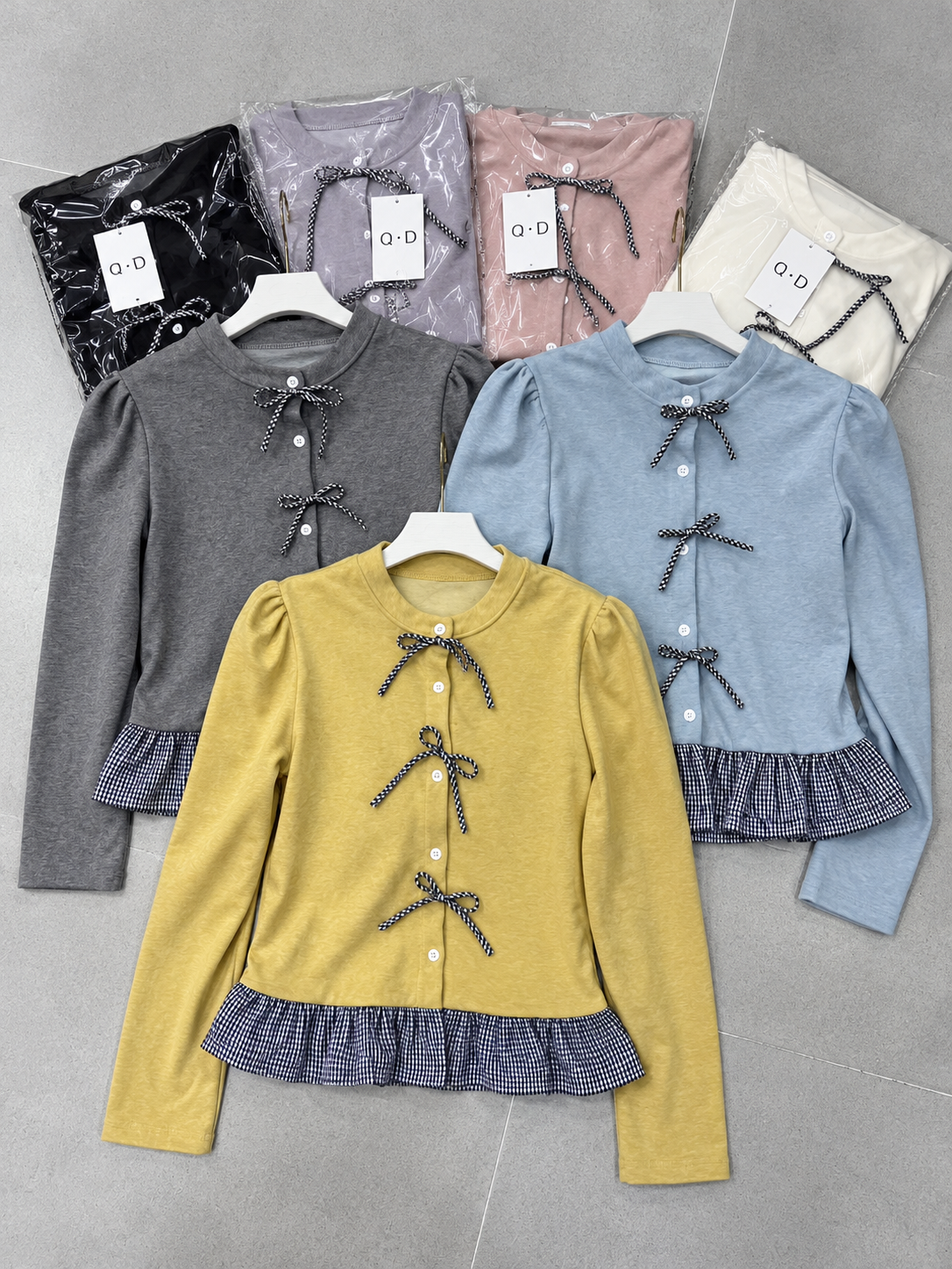 Black Grey Blue Pink Cream Yellow Bow Peplum Blouse Korean wholesale front and colour views