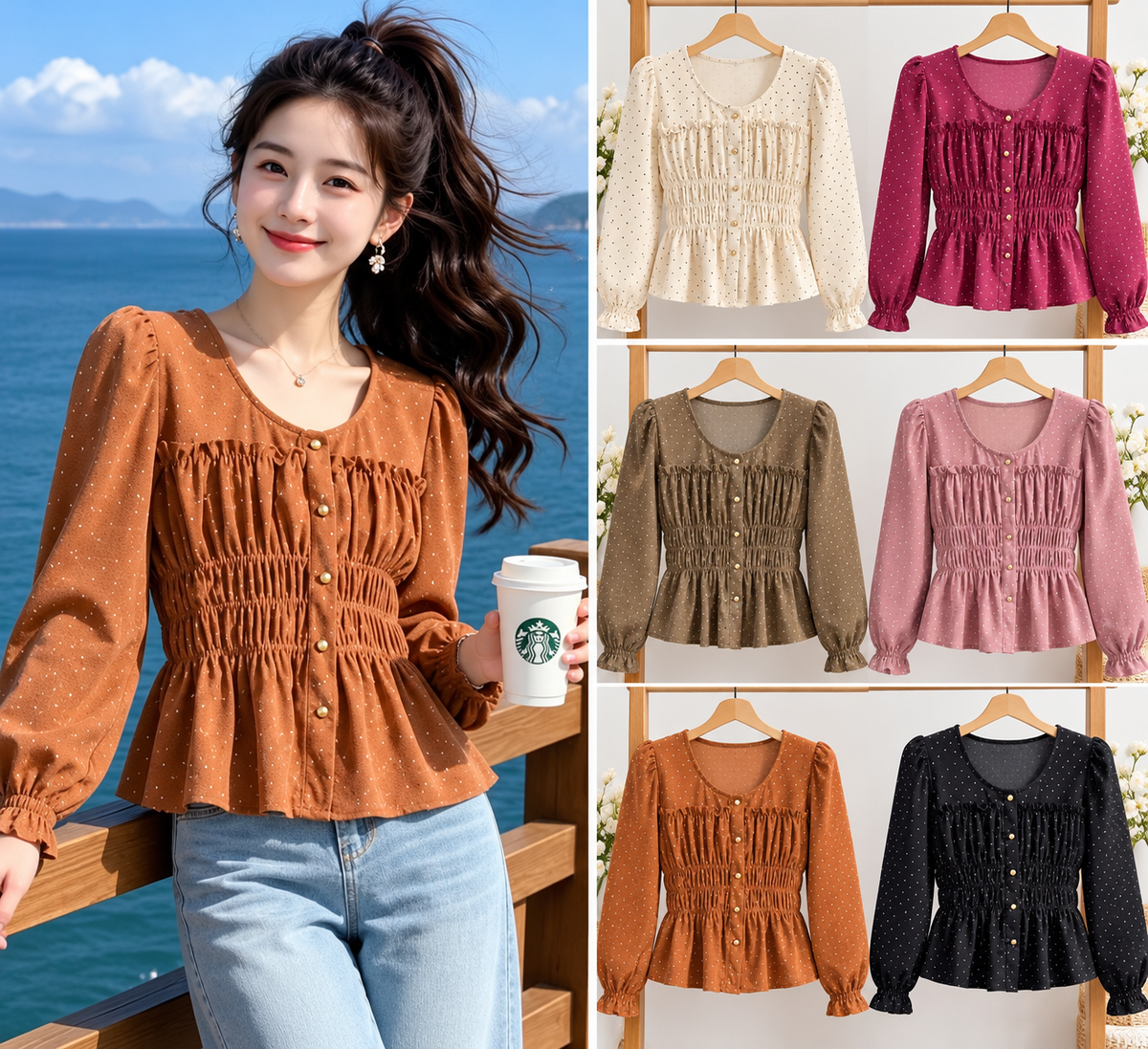 Black Beige Brown Pink Plaid Square Neck Peplum Blouse Korean wholesale front and colour views
