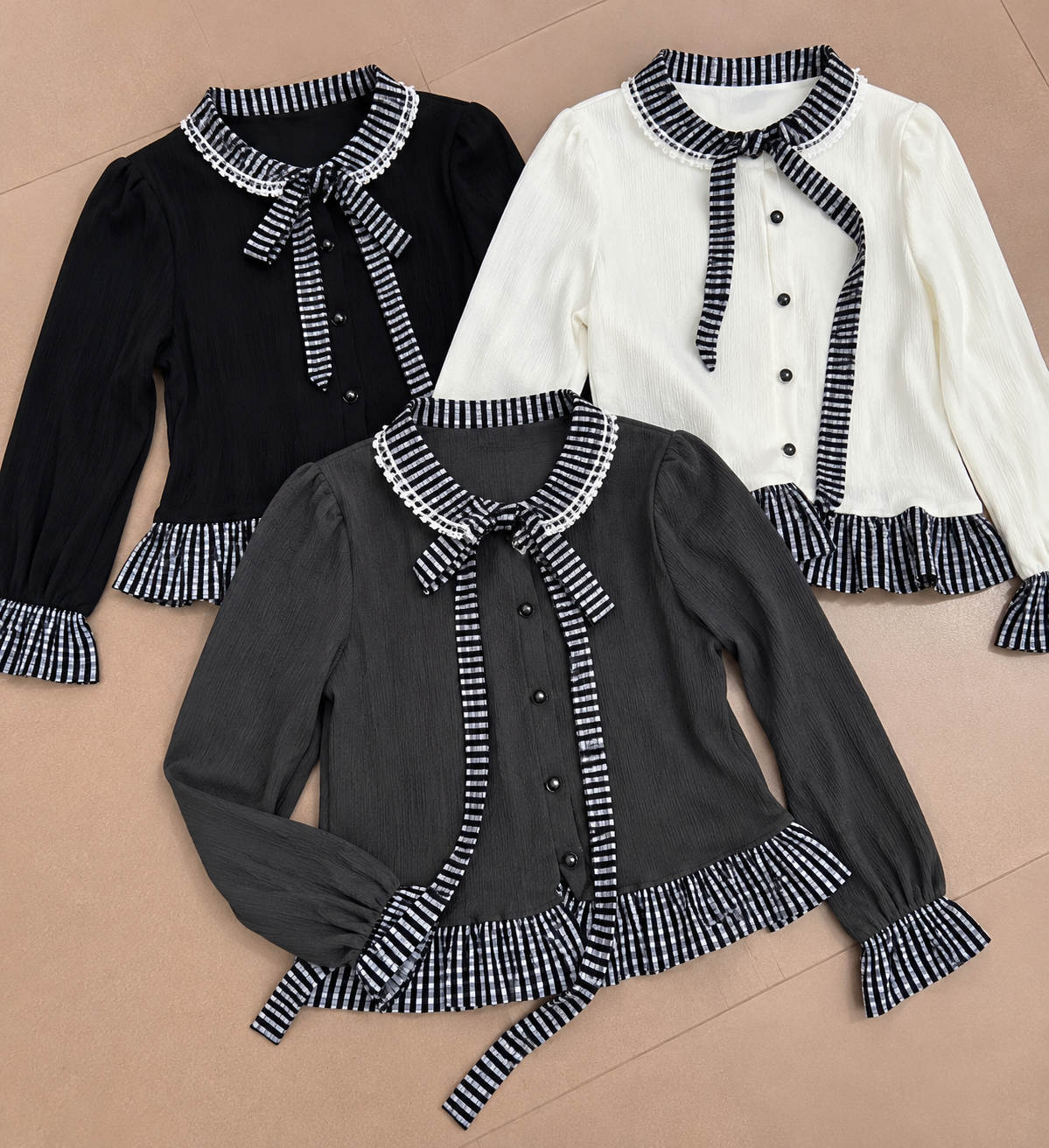 Black Cream Grey Striped Bow Ruffle Peplum Blouse Korean wholesale front and colour views