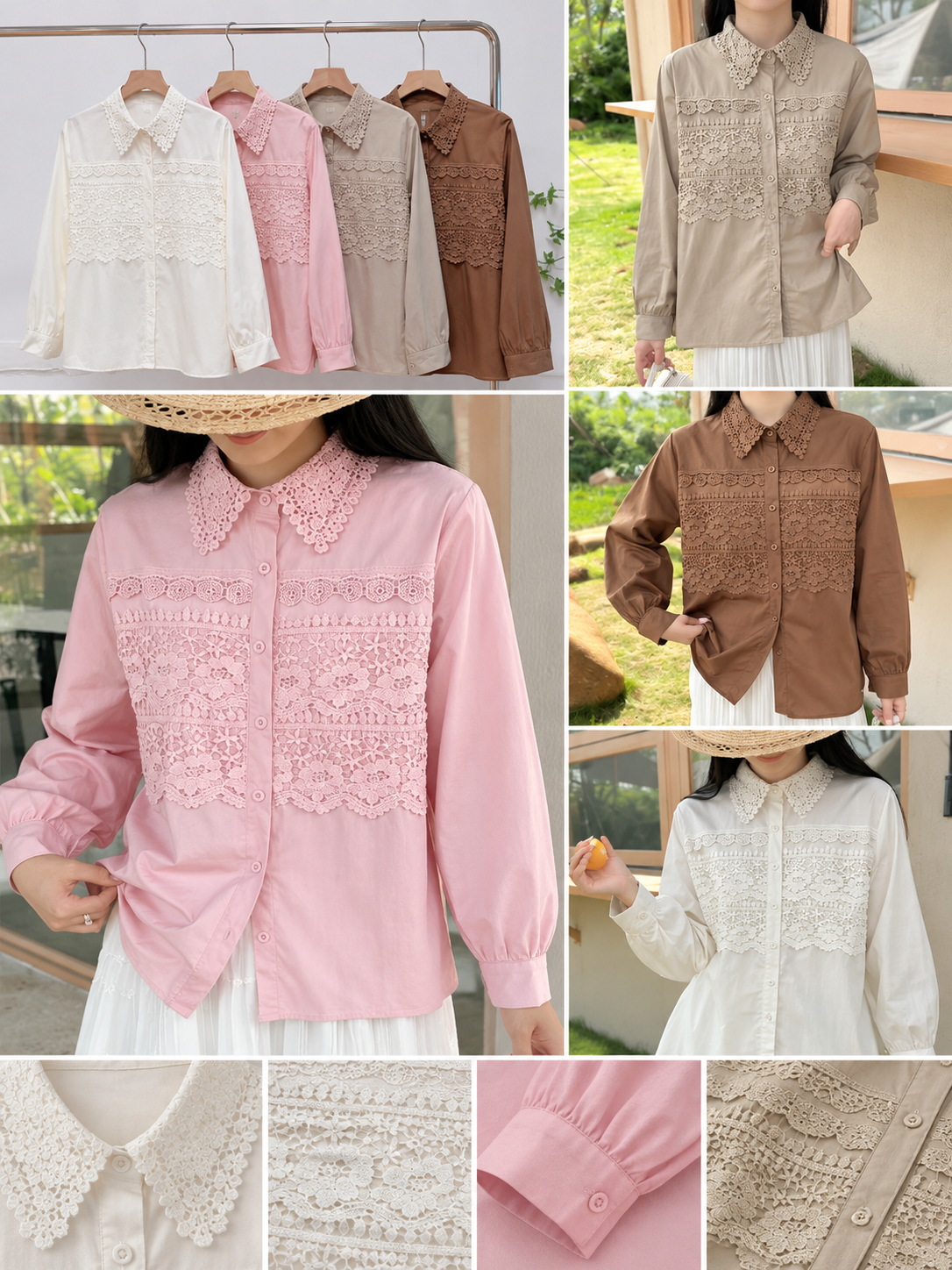 Lace Panel Button Down Shirt in white pink beige brown, wholesale fashion product views