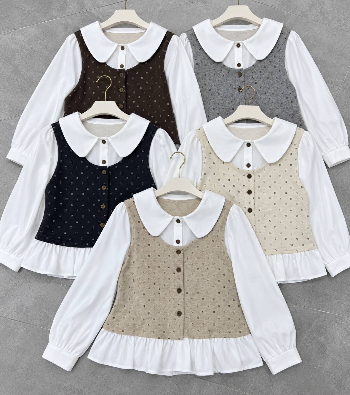 Brown Grey Navy Beige White Collar Layered Blouse Korean wholesale front and colour views