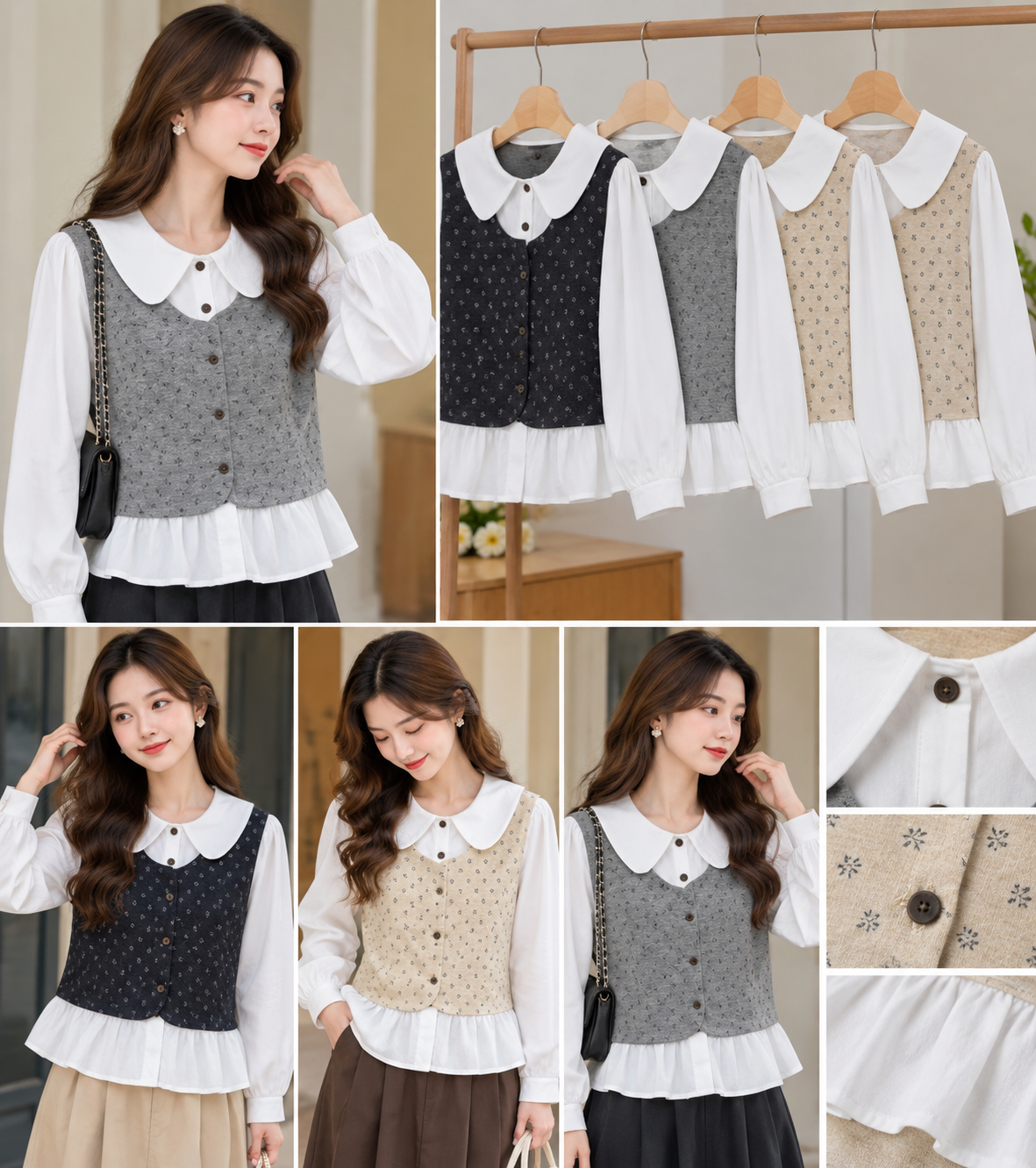 Peter Pan Collar Layered Blouse in black grey beige, wholesale fashion product views