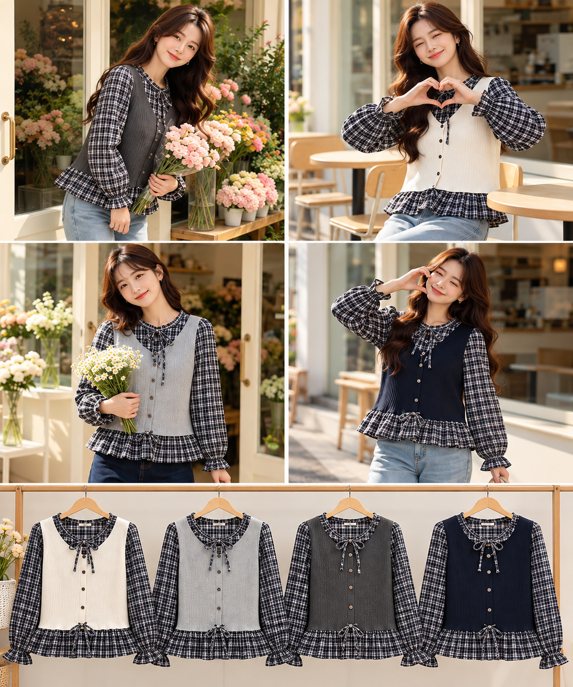 Cream Grey Navy Check Bow Ruffle Peplum Blouse Korean wholesale front and colour views