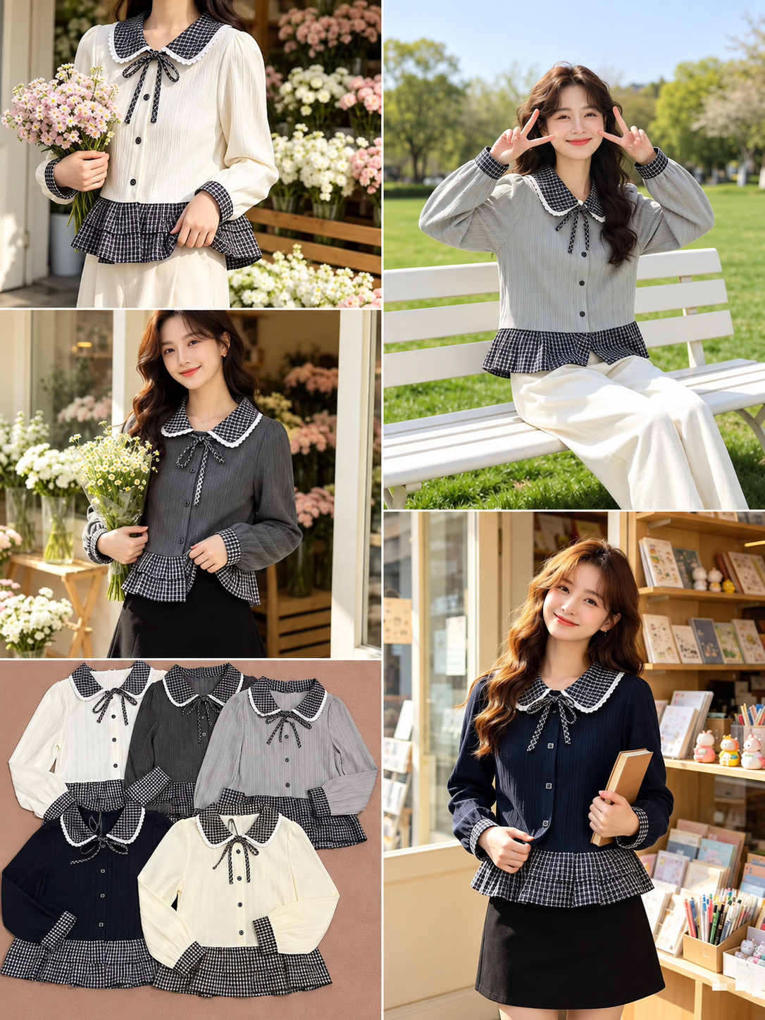 Cream Navy Grey Gingham Collar Peplum Blouse, cream, grey, charcoal, navy, front view, Korean blouse wholesale India