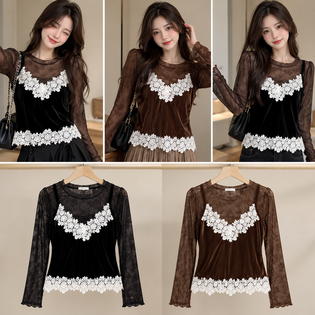 Black Brown Floral Lace Sheer Sleeve Top Korean wholesale front and colour views